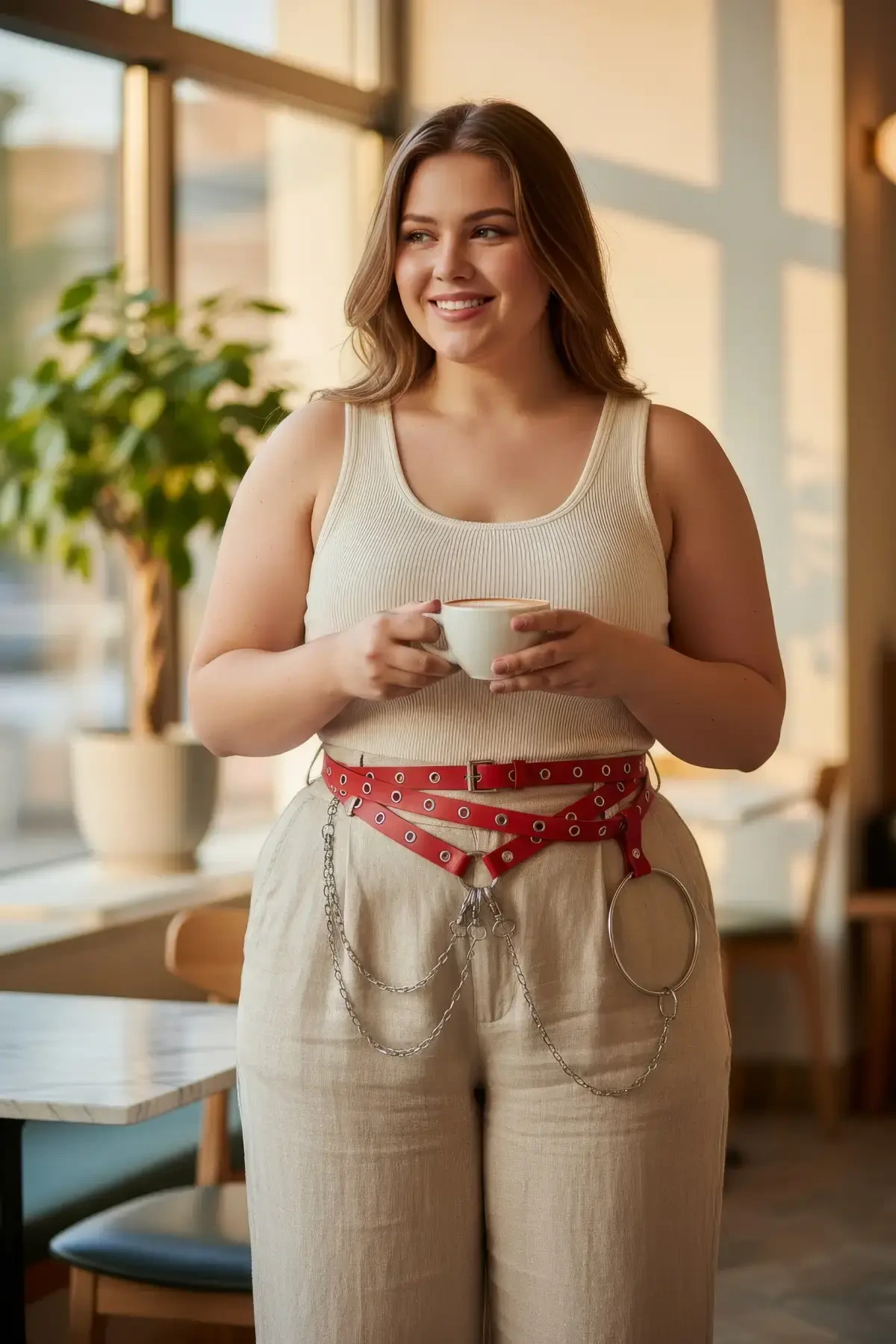 Plus Size Red Women's Belt with Multiple Straps, Chain and Ring Detail - APFT621