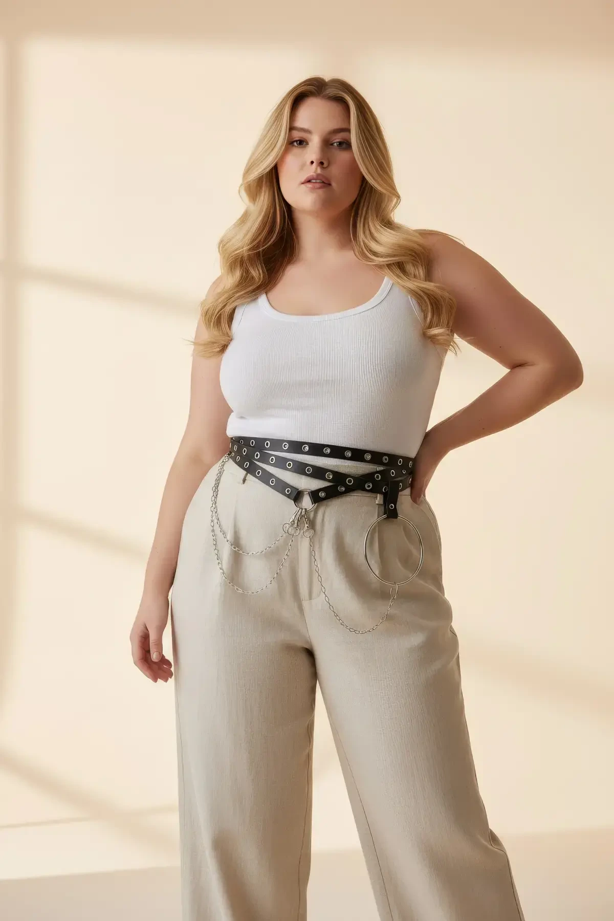 Plus Size Black Women's Belt with Multi-Layered Chain and Stud Detail - APFT621