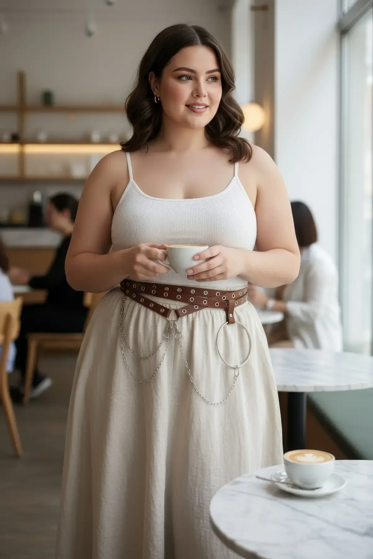 Plus Size Brown Women's Belt Chain Detailed Ring Dress Combination - APFT621