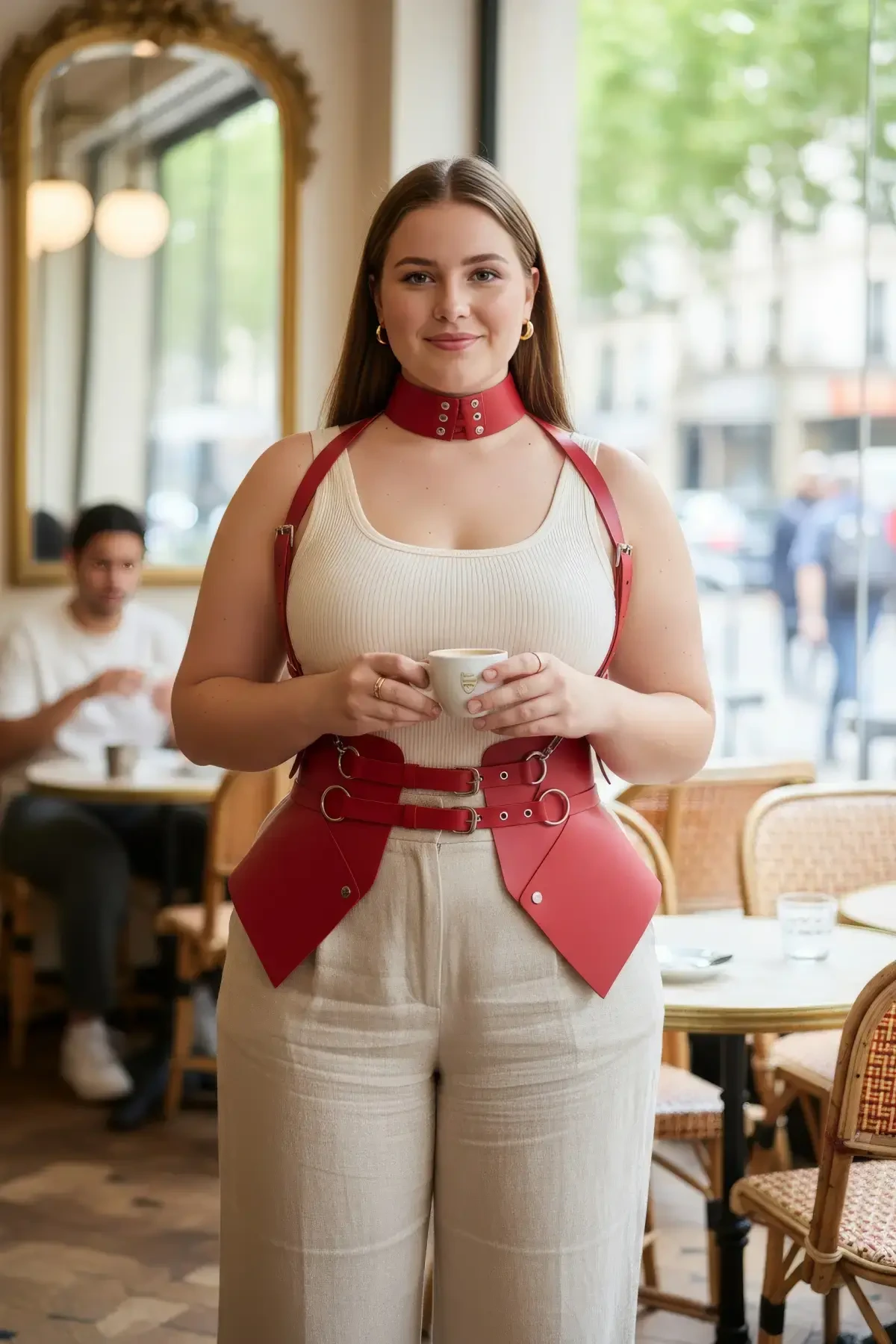 Plus Size Red Women's Belt Corset Design with Strap Harness Detail - APFT622