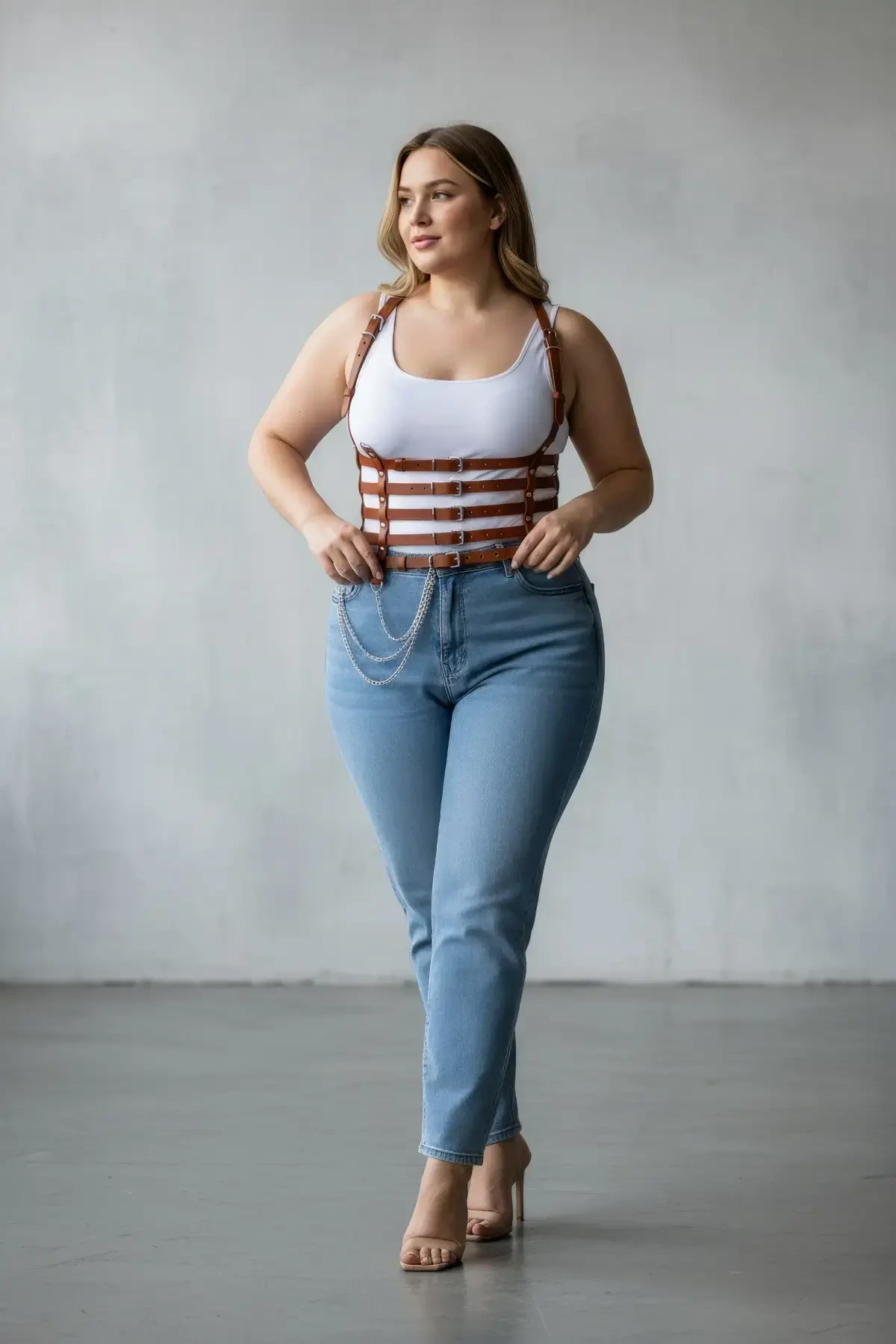 Plus Size Tan Women's Belt Chain Detailed Corset Style Leather Harness - APFT626