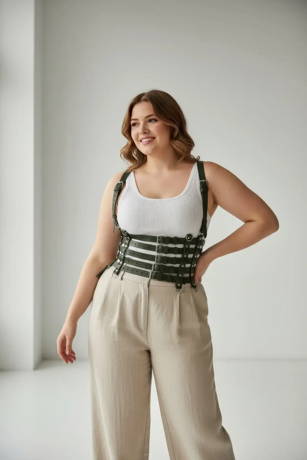 Plus Size Khaki Women's Belt Shoulder Strap Leather Corset Style Wide Accessory - APFT630