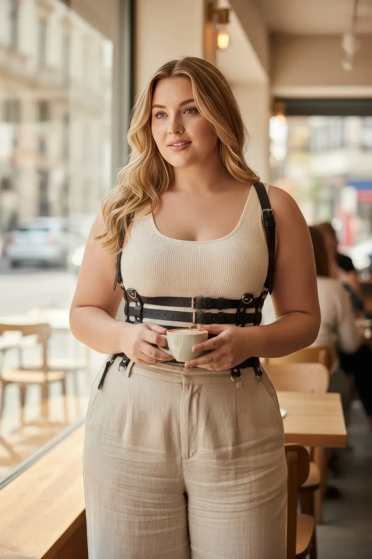 Plus Size Black Women's Belt Leather Body Harness Corset Style - APFT630