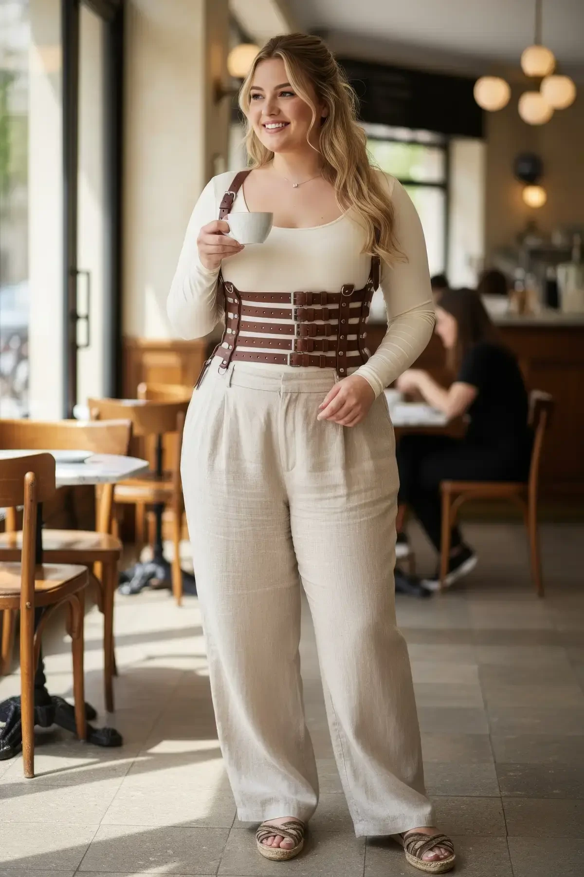 Large Size Tan Women's Belt, Corsage Style Multiple Straps Leather Combination Complementary - APFT630