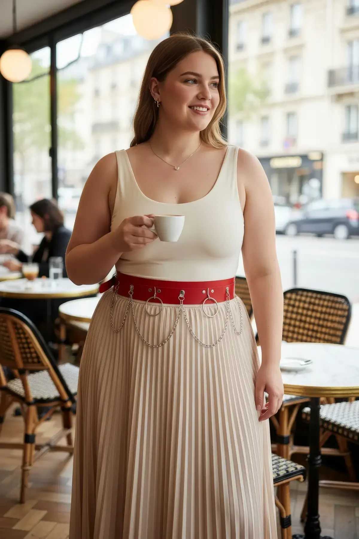 Large Size Red Women's Belt Thick Waist Accessory with Chain Detail - APFT639