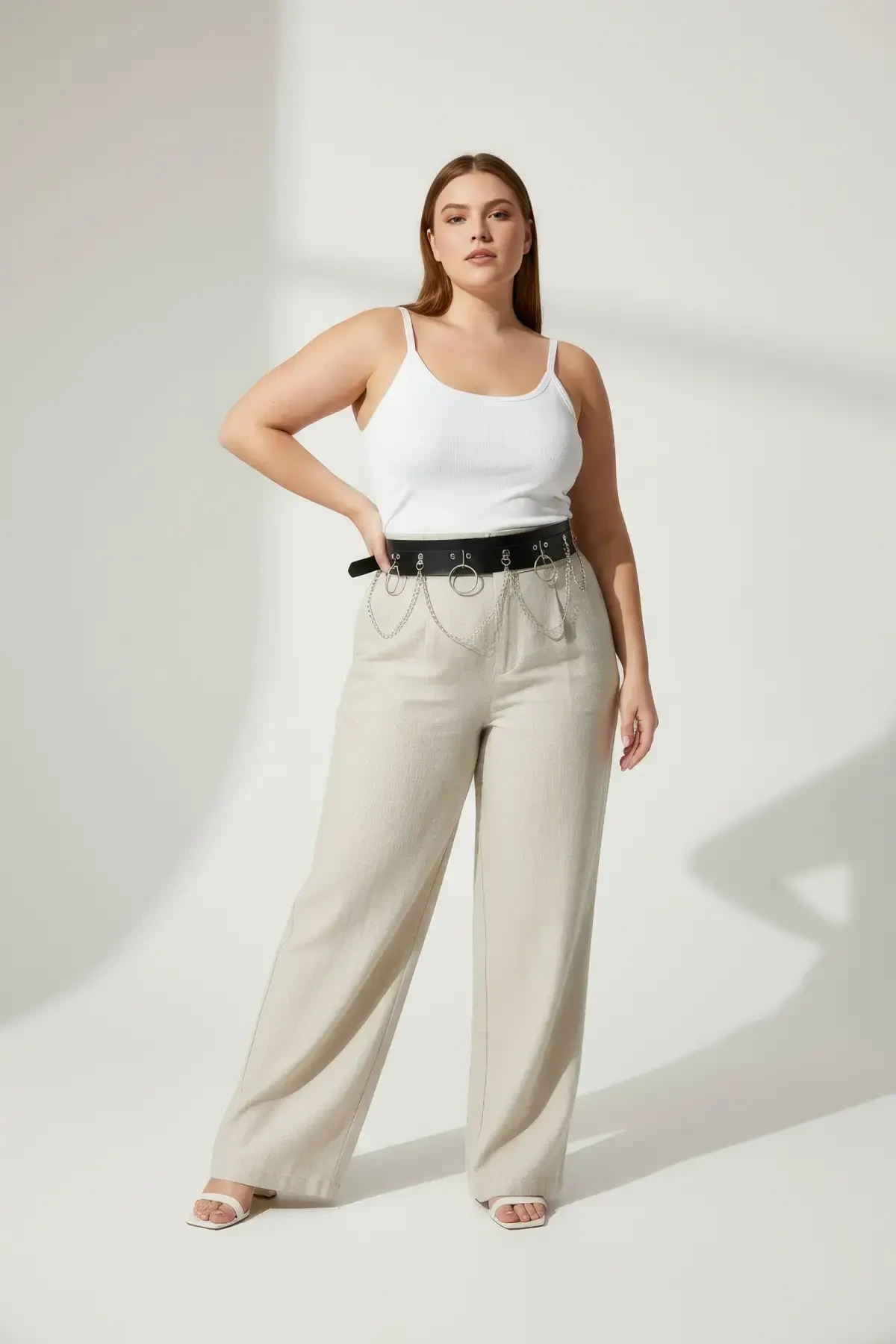 Plus Size Black Women's Belt with Chain and Ring Detail, Leather Look - APFT639