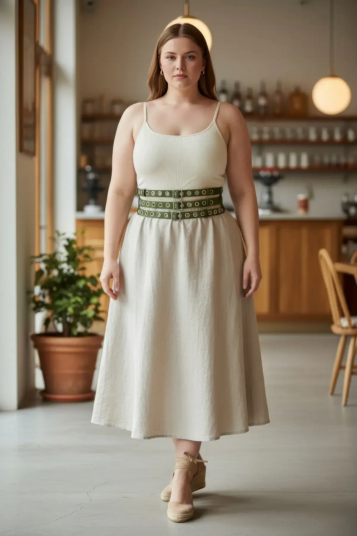 Plus Size Khaki Women's Thick Belt Double Row Bird Eye Detailed - APFT641