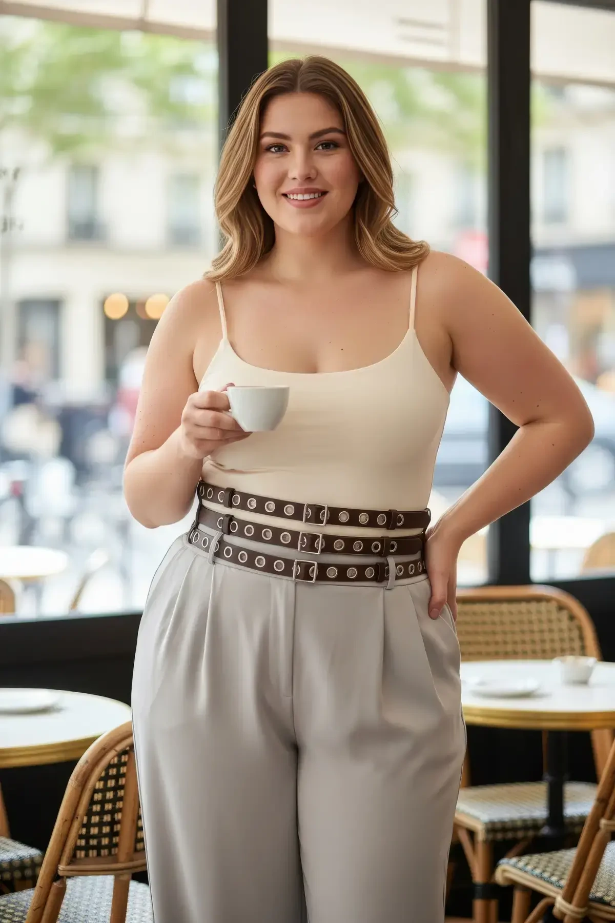 Large Size Dark Brown Women's Wide Belt with Three Rows of Metal Rings - APFT641