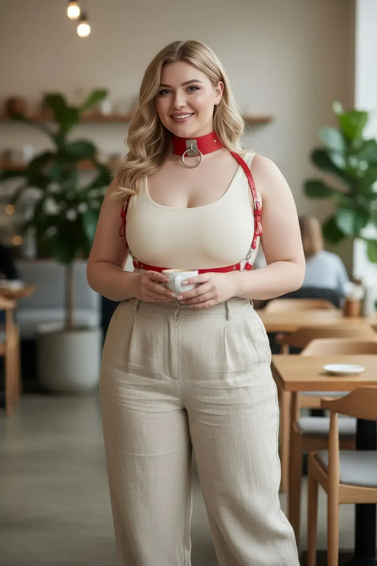 Plus Size Red Women's Belt Leather Harness with Metal Ring Detail - APFT644