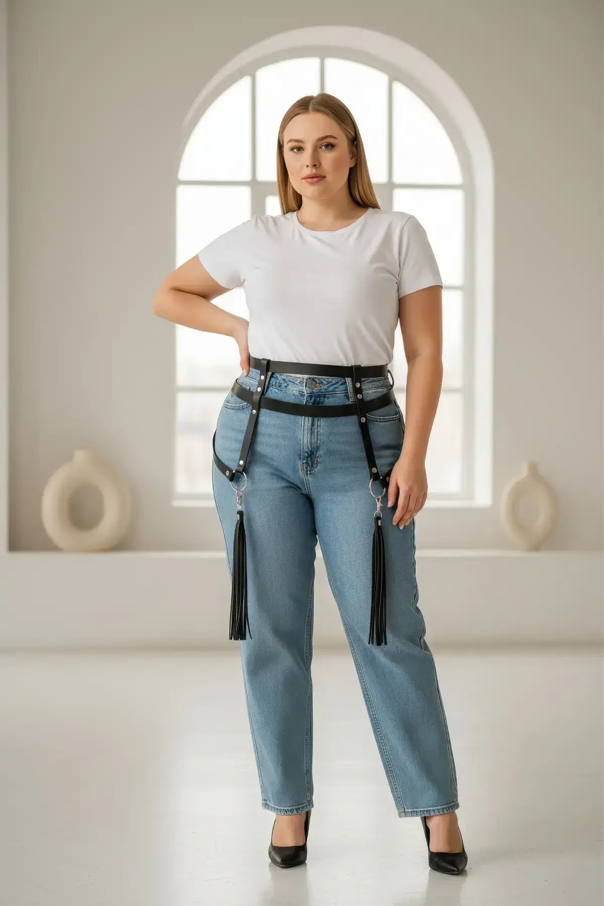 Plus Size Black Women's Belt Garter Style Tassel Detailed Body Accessory - APFT645