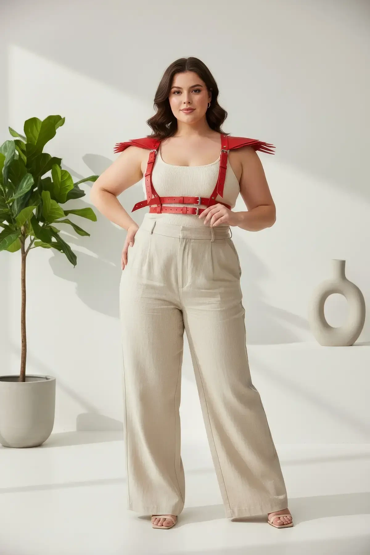 Plus Size Red Women's Leather Belt with Shoulder Detail Harness Body Accessory - APFT717