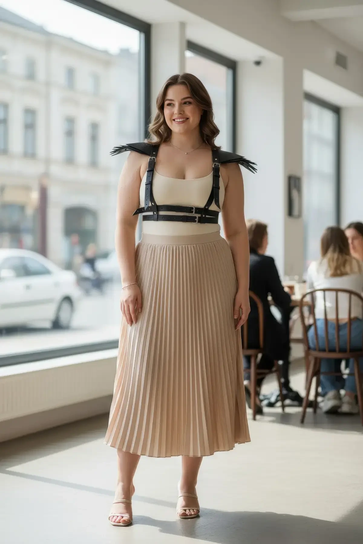 Plus Size Black Women's Belt Leather Body Accessory with Shoulder Detail - APFT717