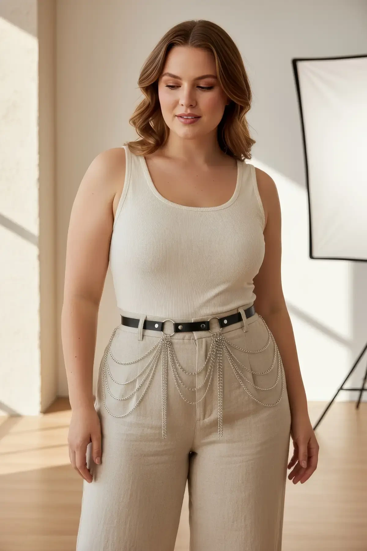 Large Size Black Women's Belt with Layered Chain Detail Complements the Combination - APFT729