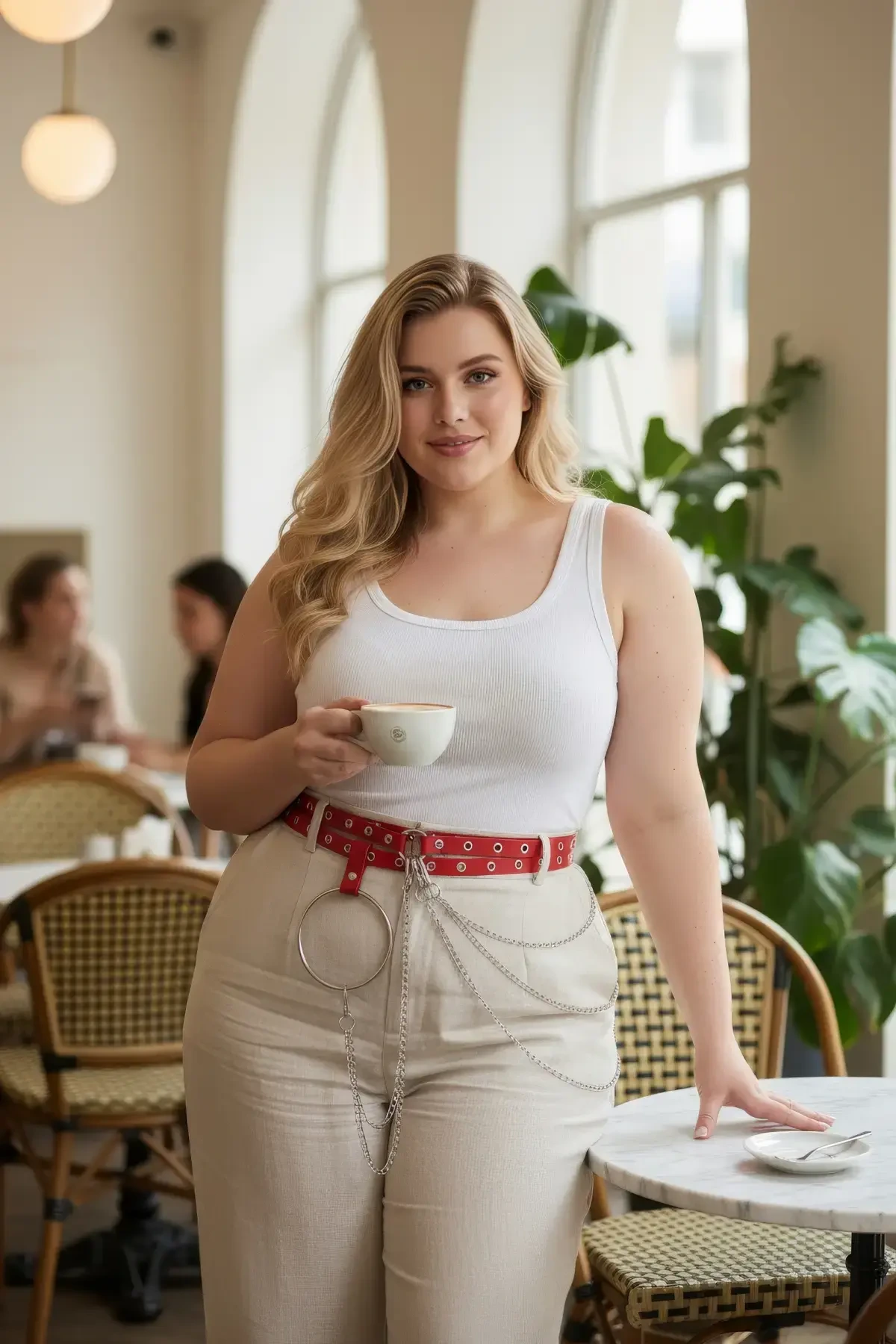 Plus Size Red Women's Belt with Chain and Ring Detail, Leather Look - APFT731