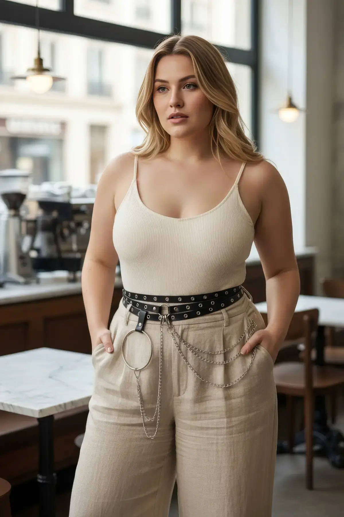 Plus Size Black Women's Belt with Chain and Ring Detail Complementing the Combination - APFT731