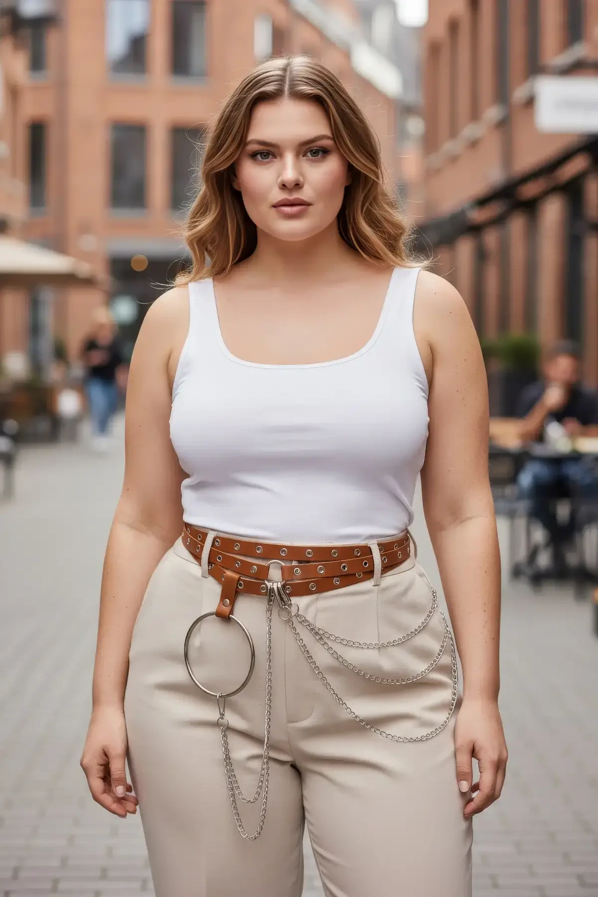 Plus Size Tan Women's Belt with Chain Detail and Link Trendy Design - APFT731