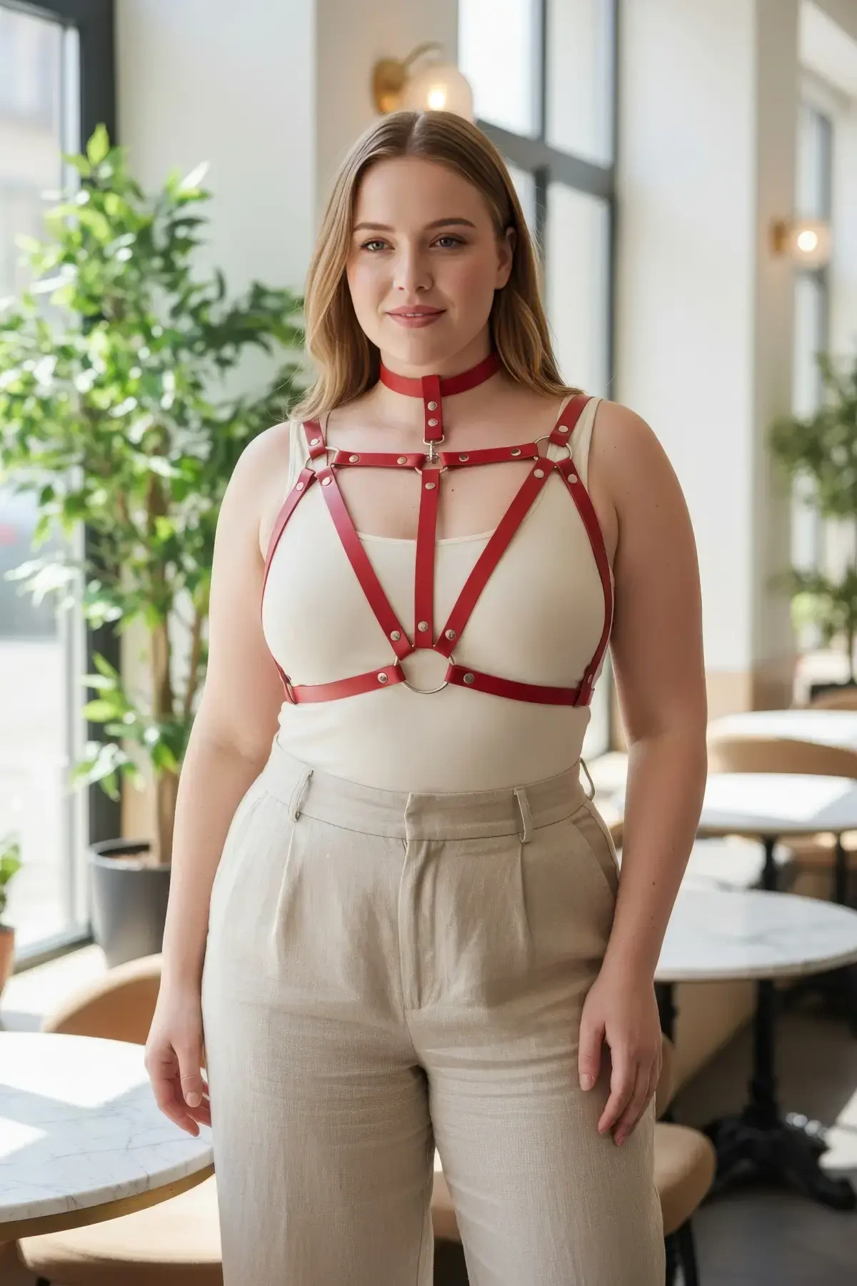 Plus Size Red Women's Belt & Ring Detailed Leather Harness Body Accessory - APFT747