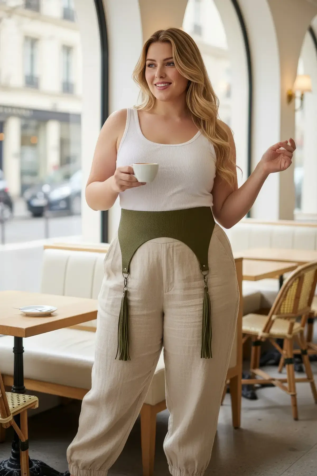 Plus Size Khaki Women's Belt Wide Leather with Tassel Detail - APFT755