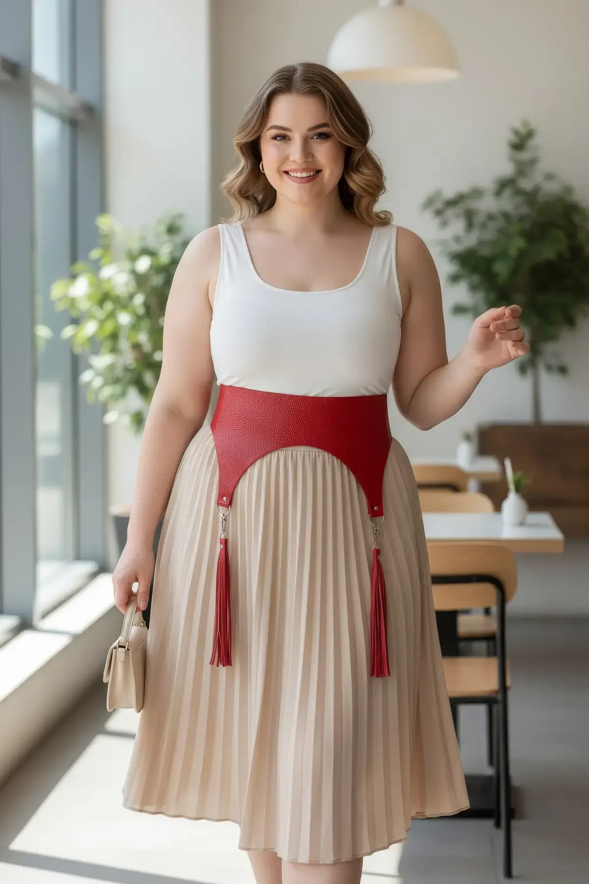 Plus Size Red Women's Belt Tassel Detailed Leather Corset Design - APFT755