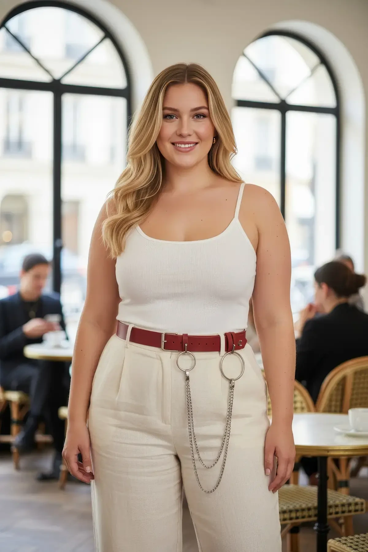 Plus Size Claret Red Women's Leather Belt with Ring and Chain Detail - APFT779