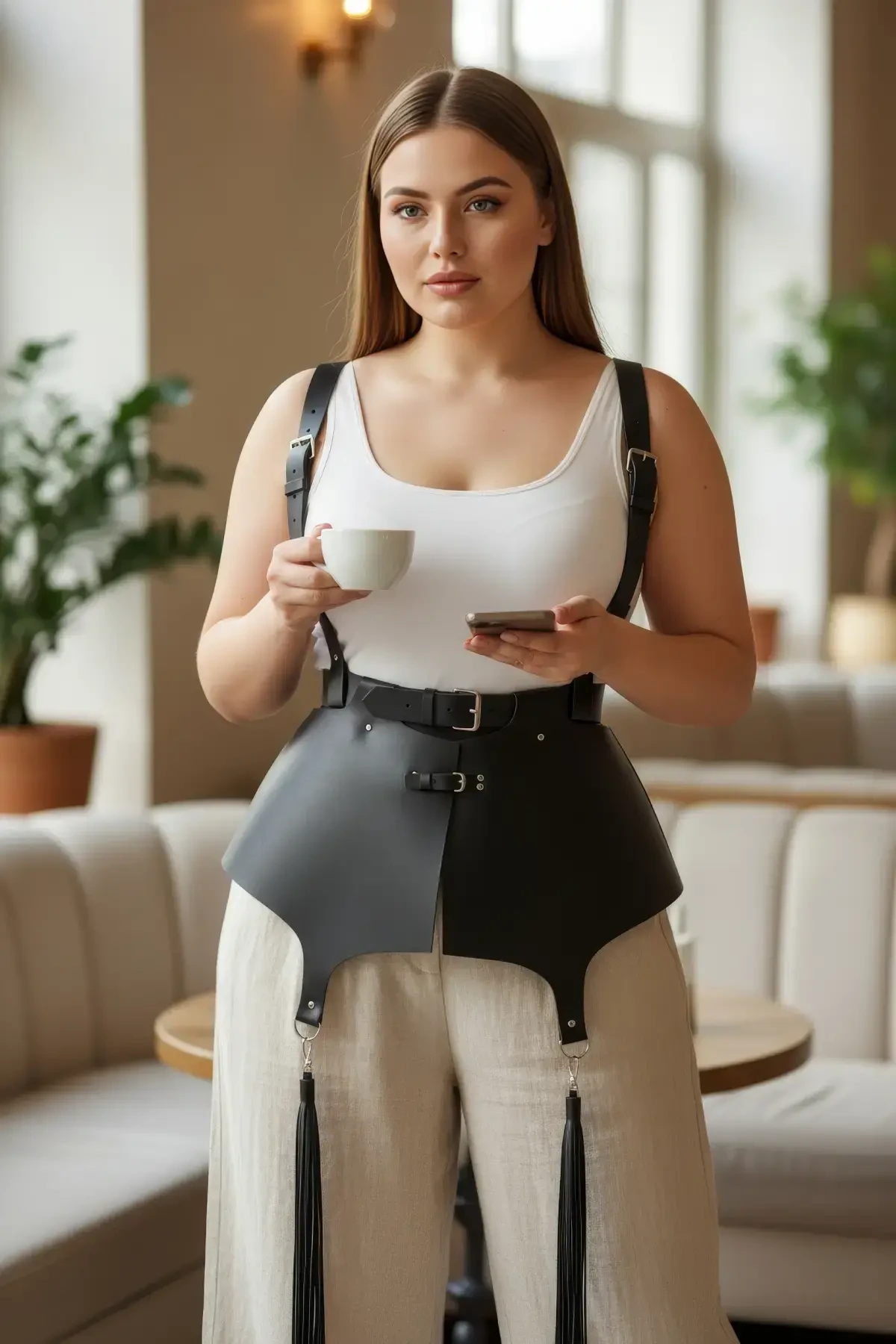 Plus Size Black Women's Leather Corset Belt with Shoulder Strap and Tassel Detail - APFT787