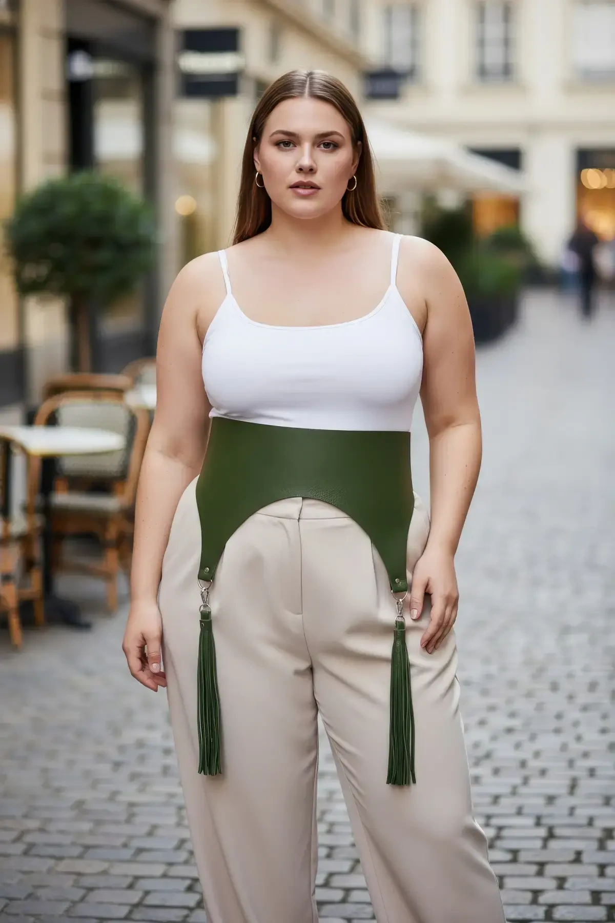 Plus Size Khaki Women's Belt Corset Style Tassel Detailed - APFT788