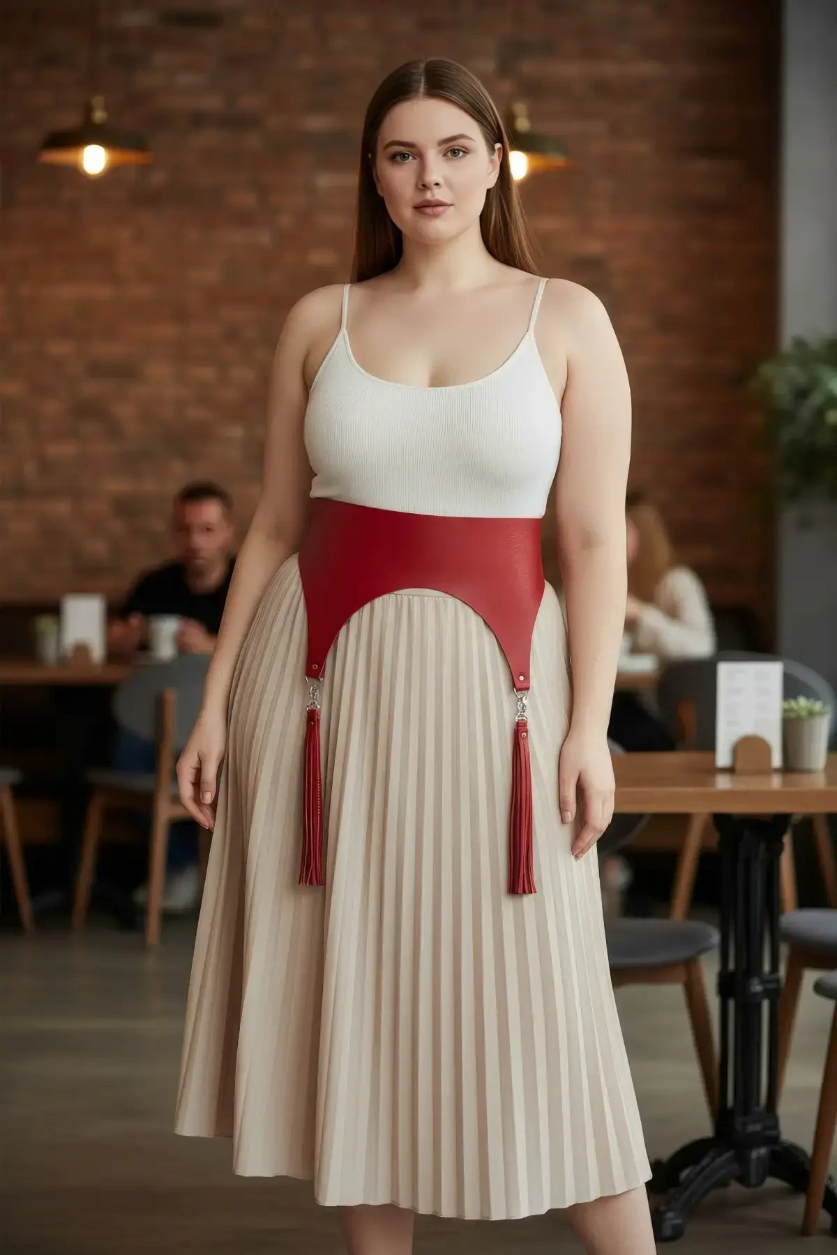 Plus Size Red Women's Belt Corsage Model with Tassel Detail - APFT788