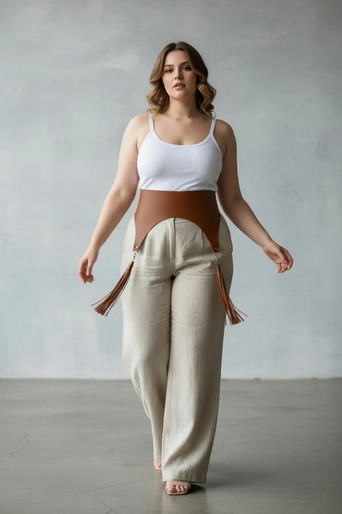 Plus Size Tan Women's Belt Wide Corset Design with Tassel Detail - APFT788