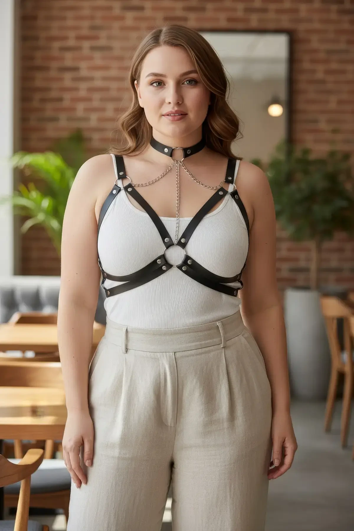 Plus Size Black Women's Belt Chain Detailed Leather Harness Body Accessory - APFT797