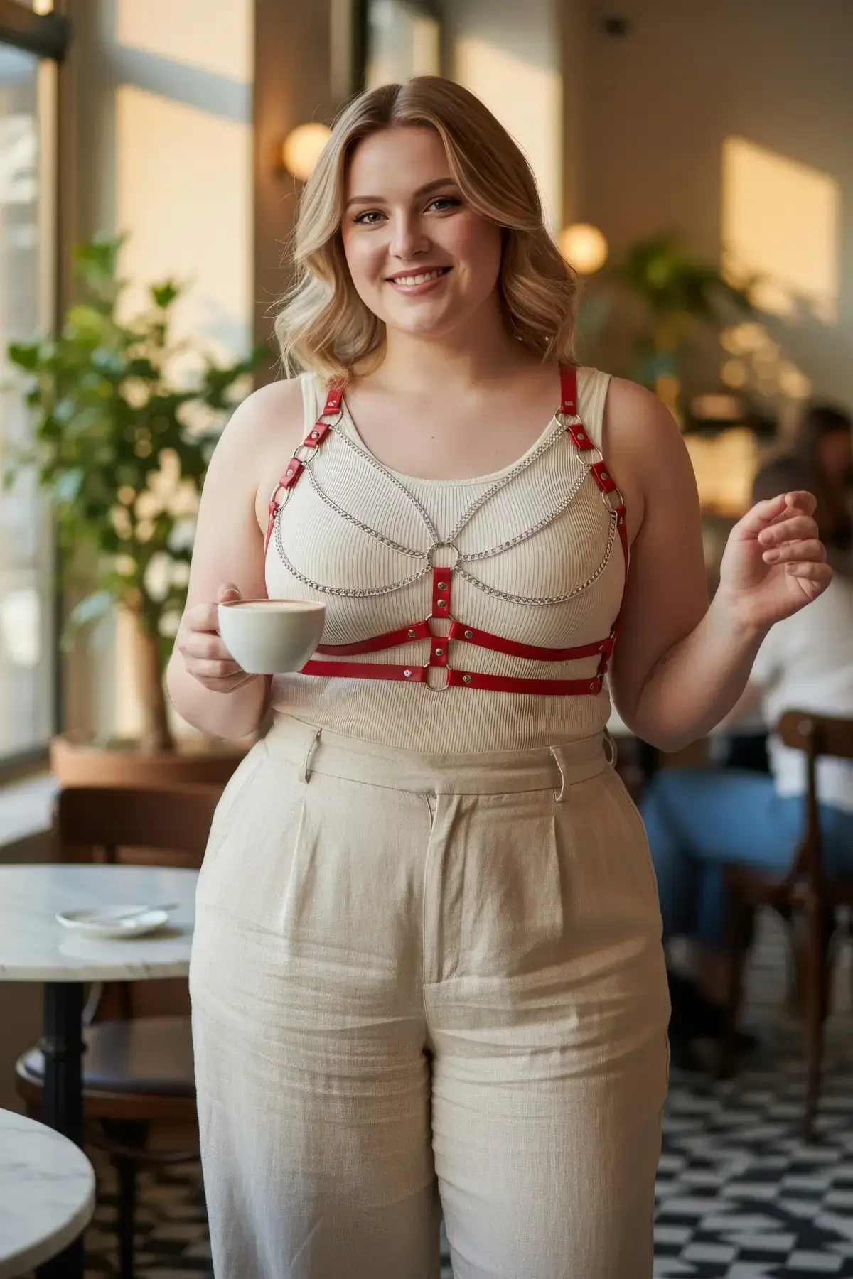 Plus Size Red Women's Belt Chain Detailed Leather Body Accessory - APFT808