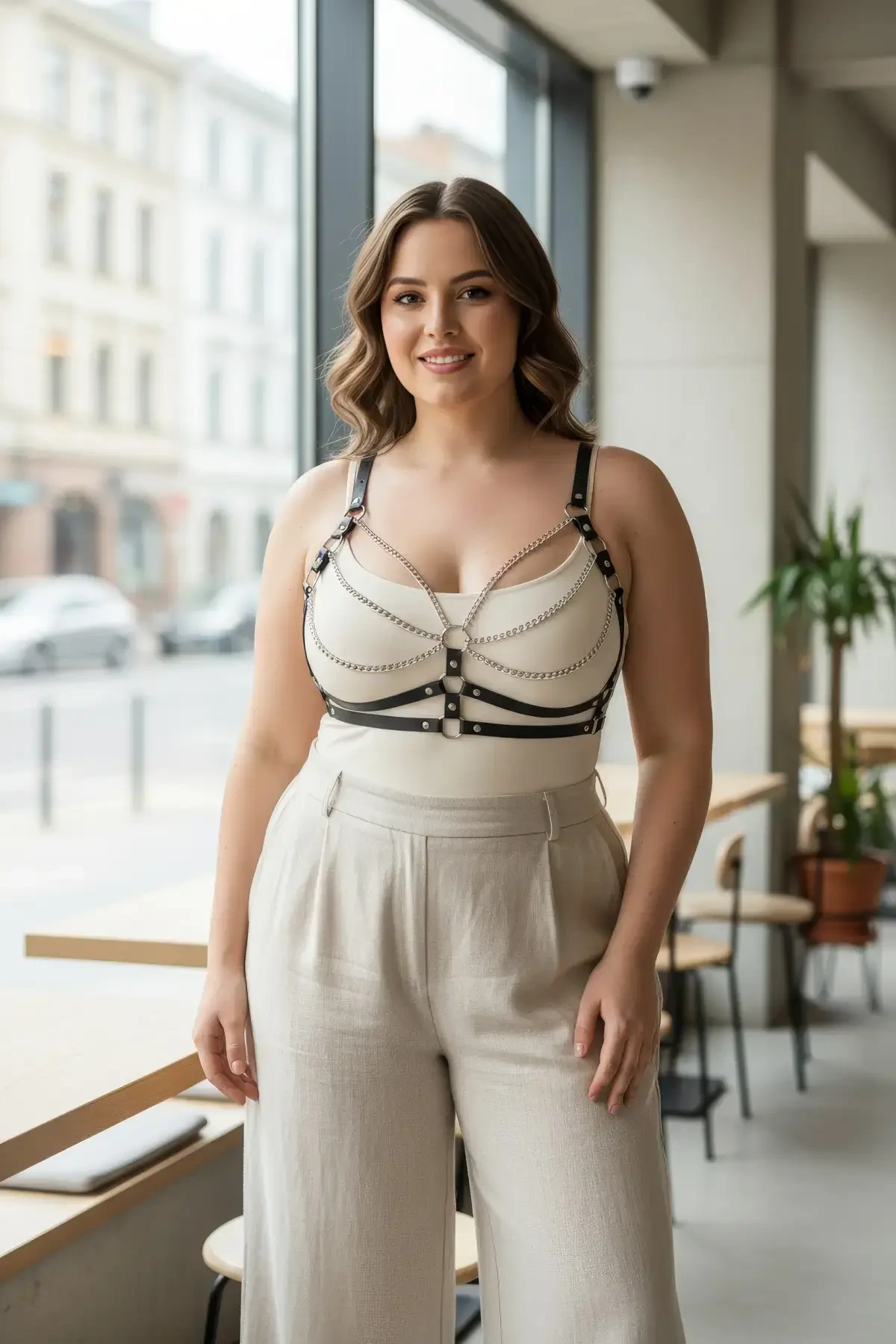 Plus Size Black Women's Belt Leather Chain Detailed Body Harness - APFT808