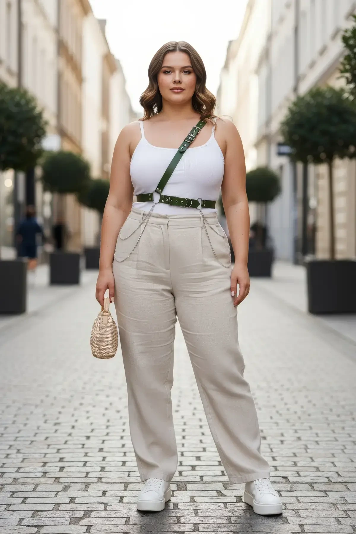 Plus Size Khaki Women's Leather Body Belt with Chain Detail - APFT813