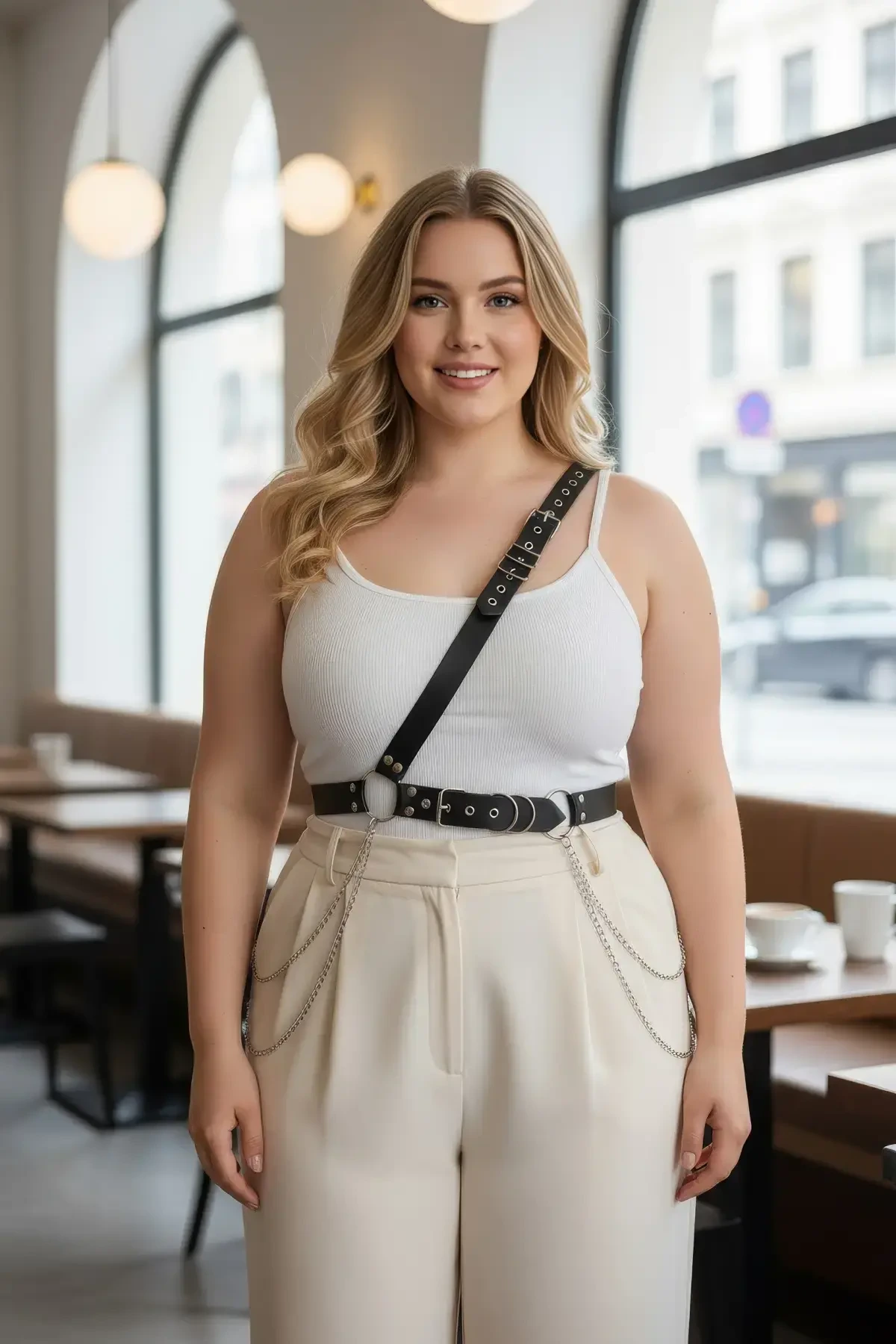 Plus Size Black Women's Belt Chain Detailed Body Harness Style Body Accessory - APFT813