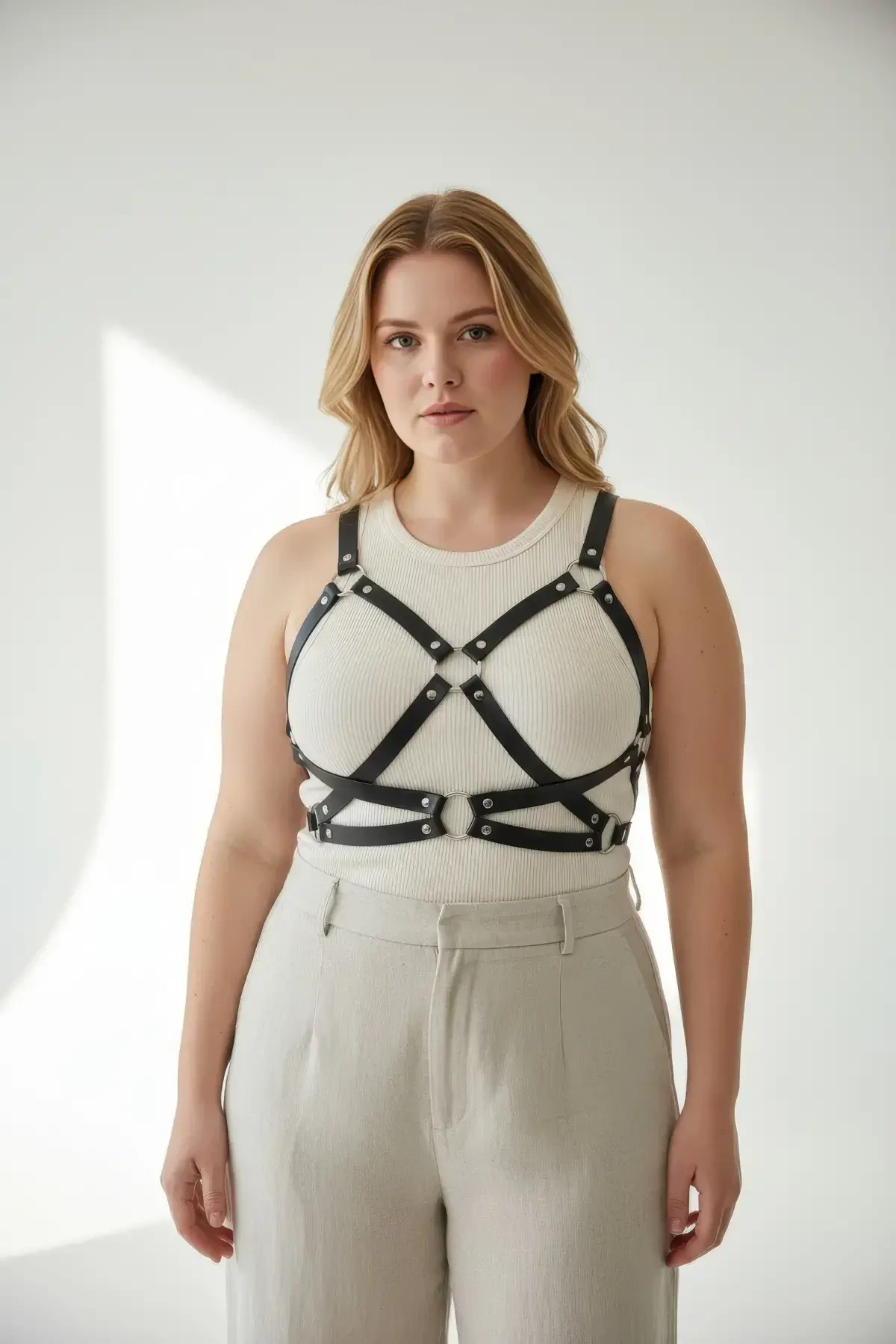 Plus Size Black Women's Belt & Ring Detailed Leather Harness Body Accessory - APFT816