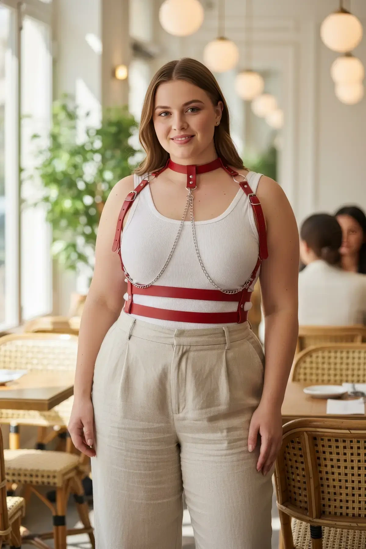 Plus Size Red Women's Belt Chain Detailed Leather Harness Body Accessory - APFT824