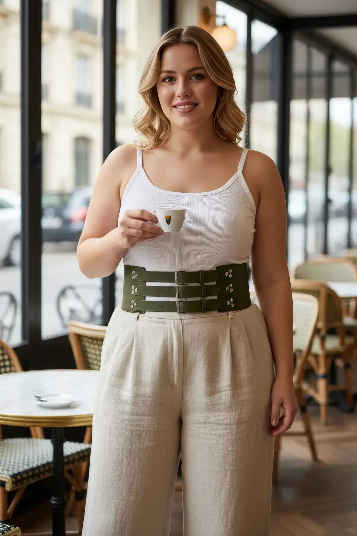 Plus Size Khaki Women's Leather Corset Belt, Thick Waist Accessory with Three Straps - APFT827