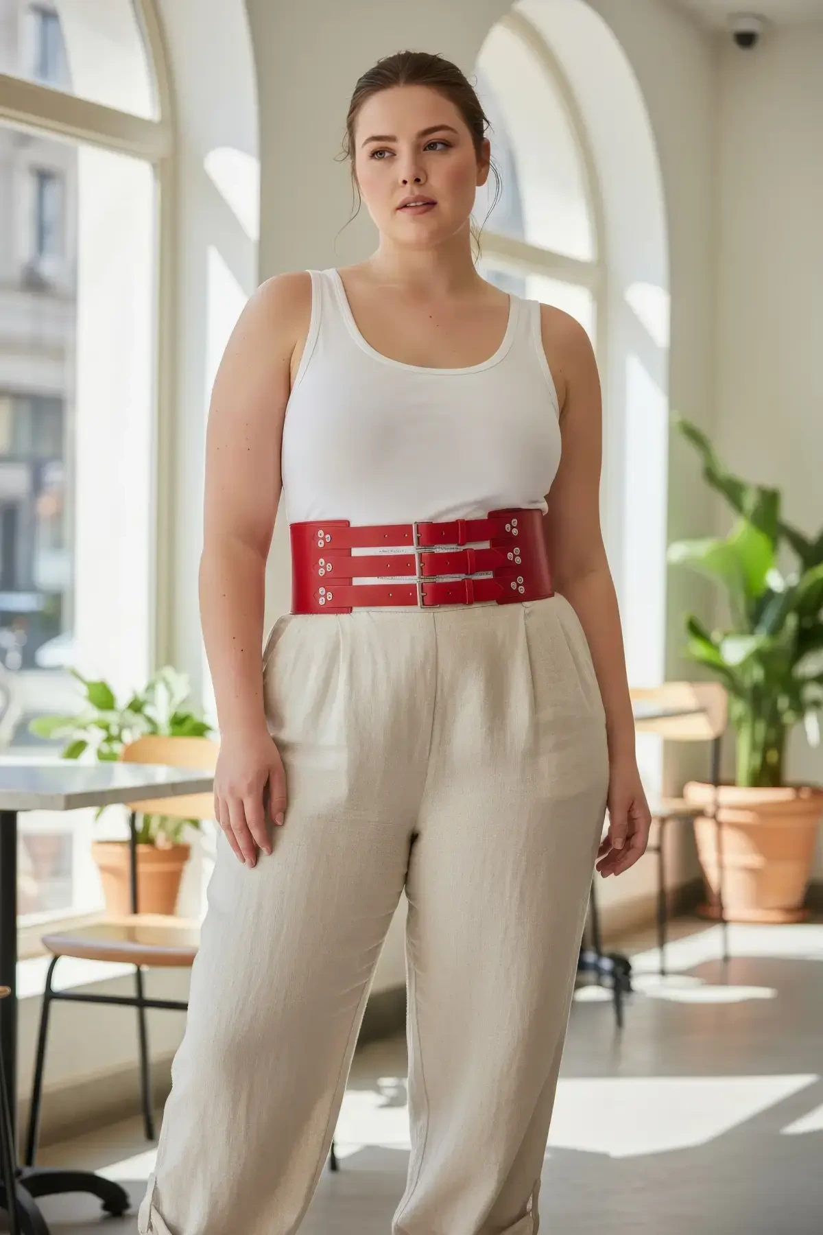 Plus Size Red Women's Belt Corset Model Wide Waist Multi-Buckle Leather - APFT827