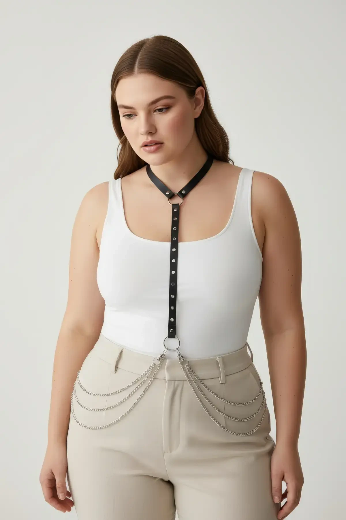 Plus Size Black Women's Body Belt Chain Detailed Leather Look Accessory - APFT840