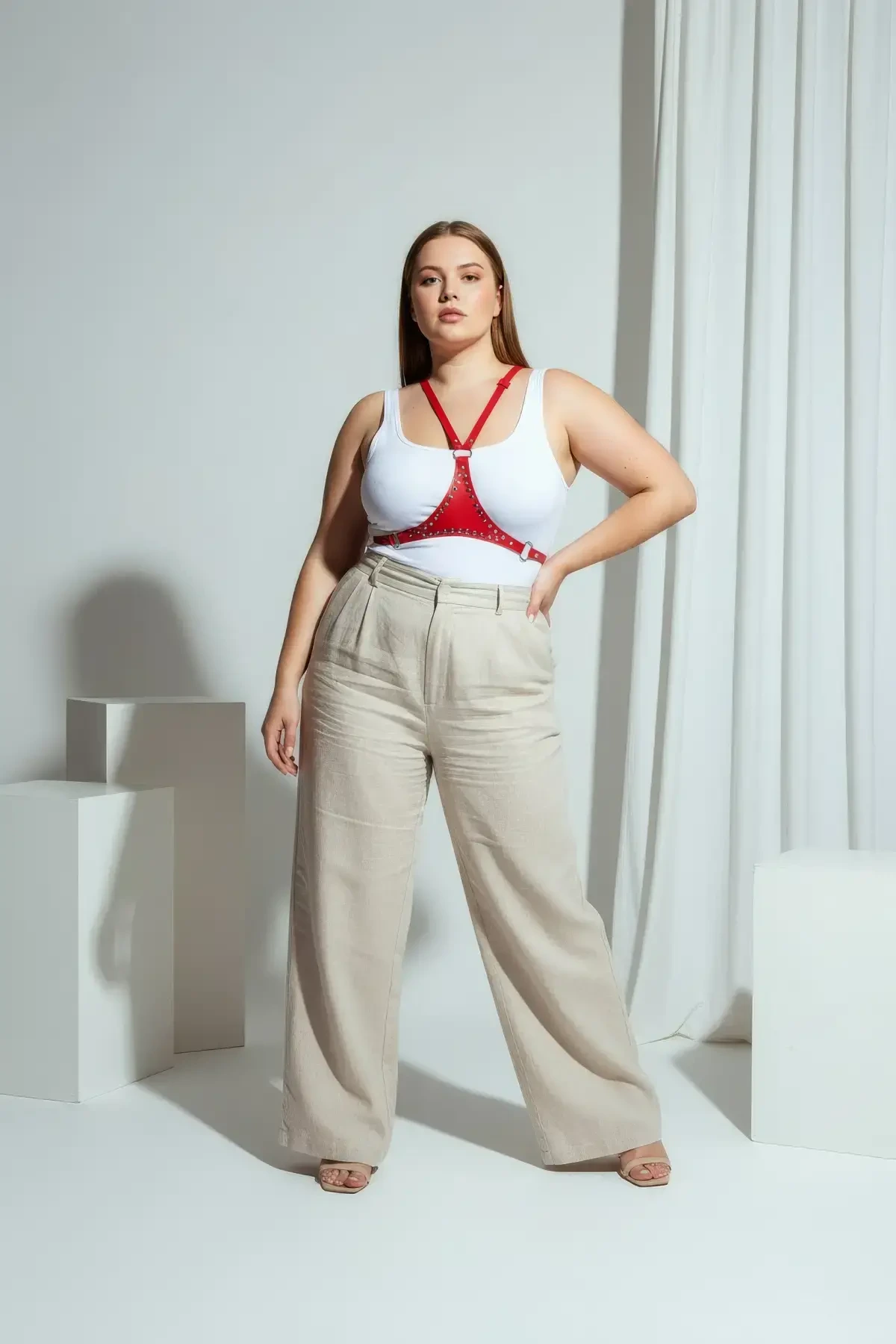 Large Size Red Women's Belt Leather Stud Detailed Body Accessory - APFT850