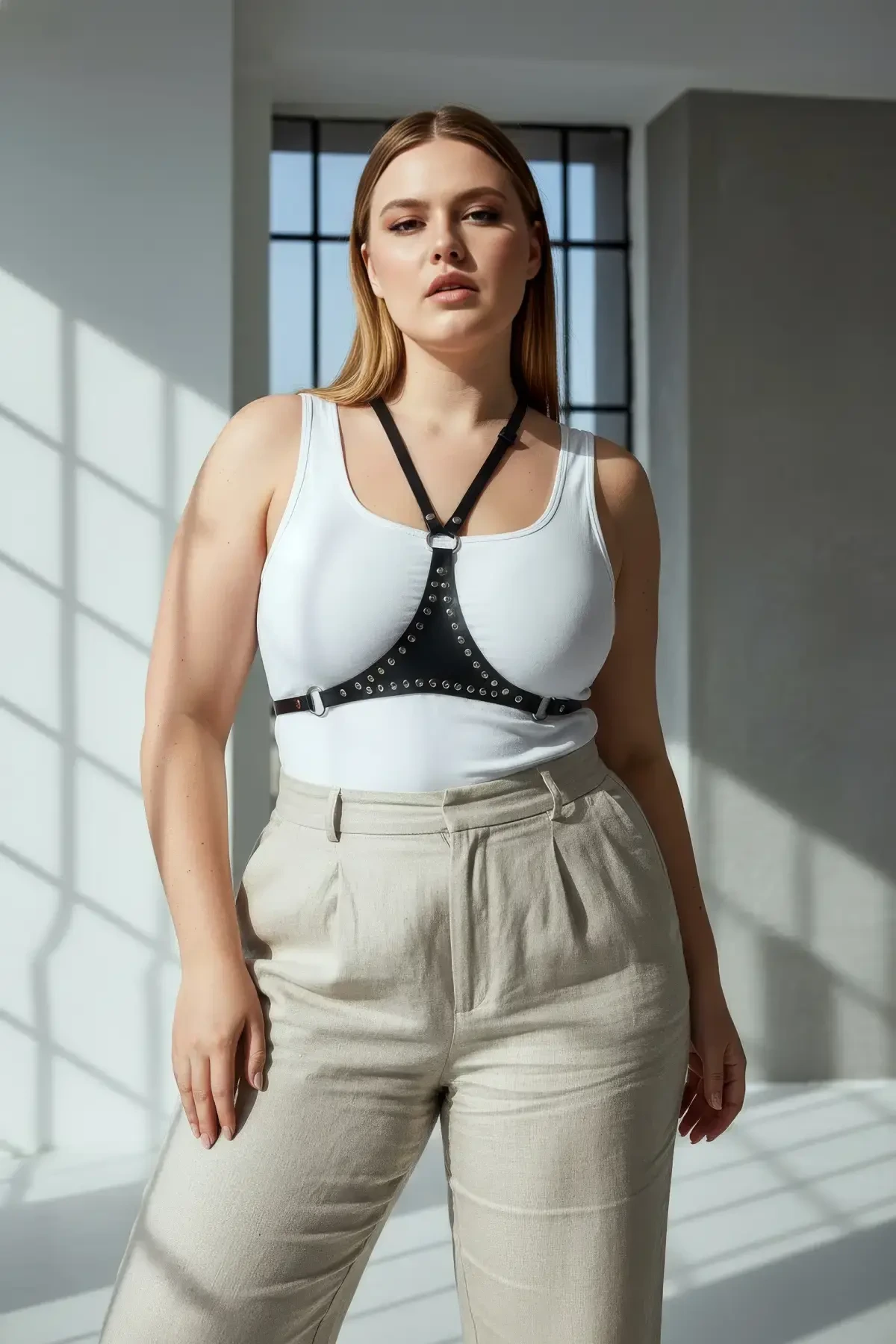 Plus Size Black Women's Belt Studded Leather Body Harness Accessory - APFT850