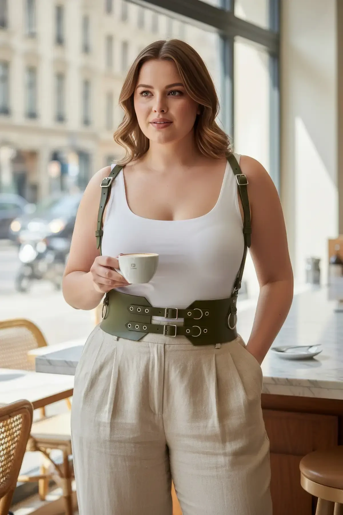 Plus Size Khaki Women's Leather Belt Shoulder Strap Corset Model with Eyelet Detail - APFT853