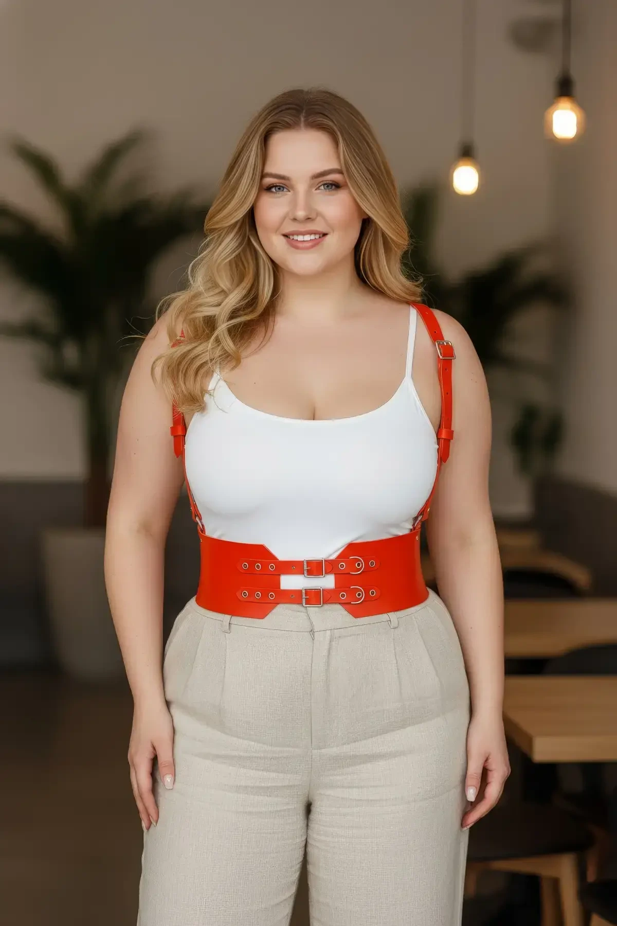 Plus Size Orange Women's Belt Suspender Corset Look Double Buckle Leather - APFT853