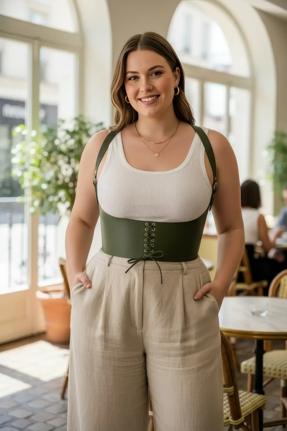 Plus Size Khaki Women's Corset Belt with Lace Detail Aesthetic Design - APFT855