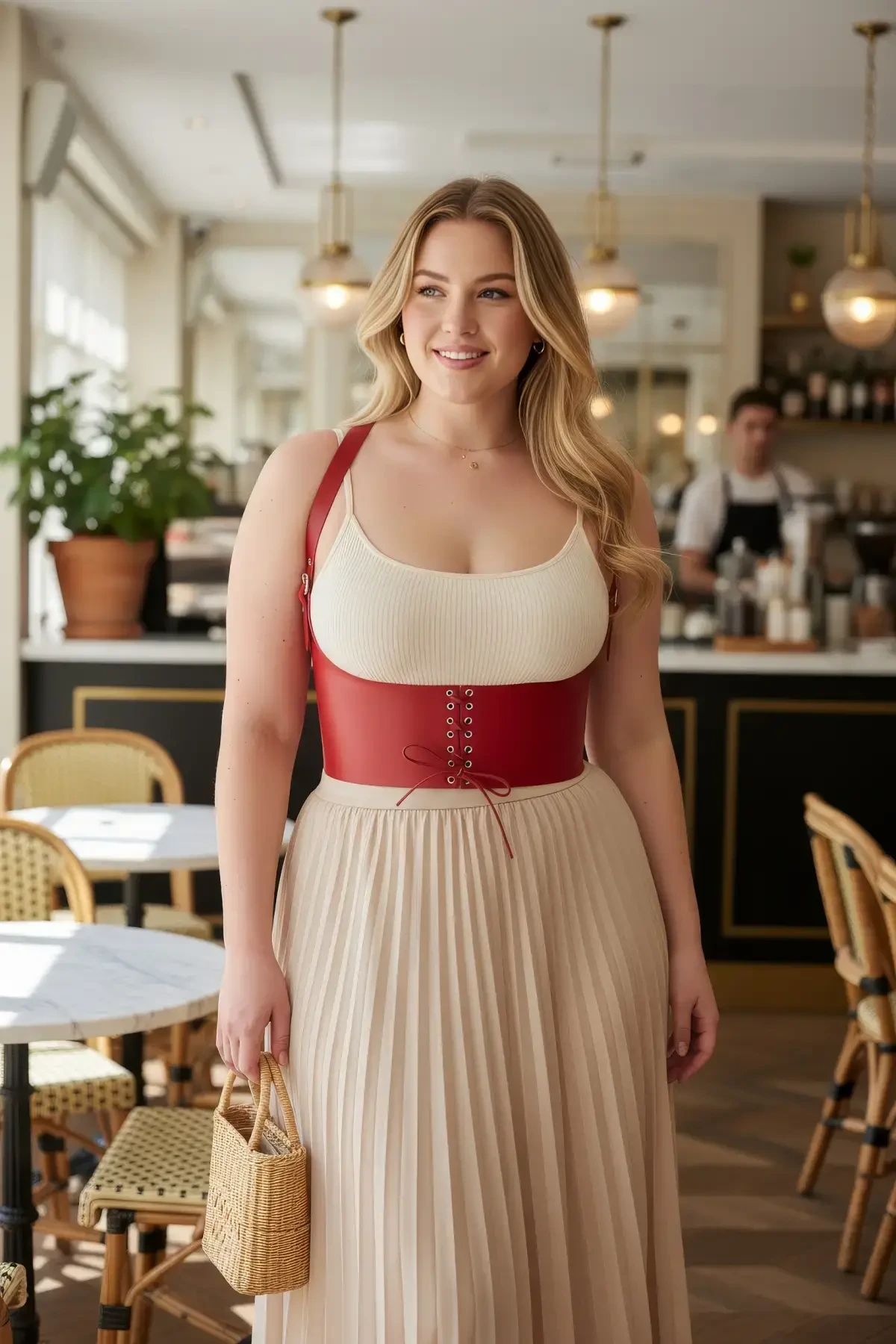 Plus Size Red Women's Belt Lace Up Corset Style with Shoulder Strap - APFT855