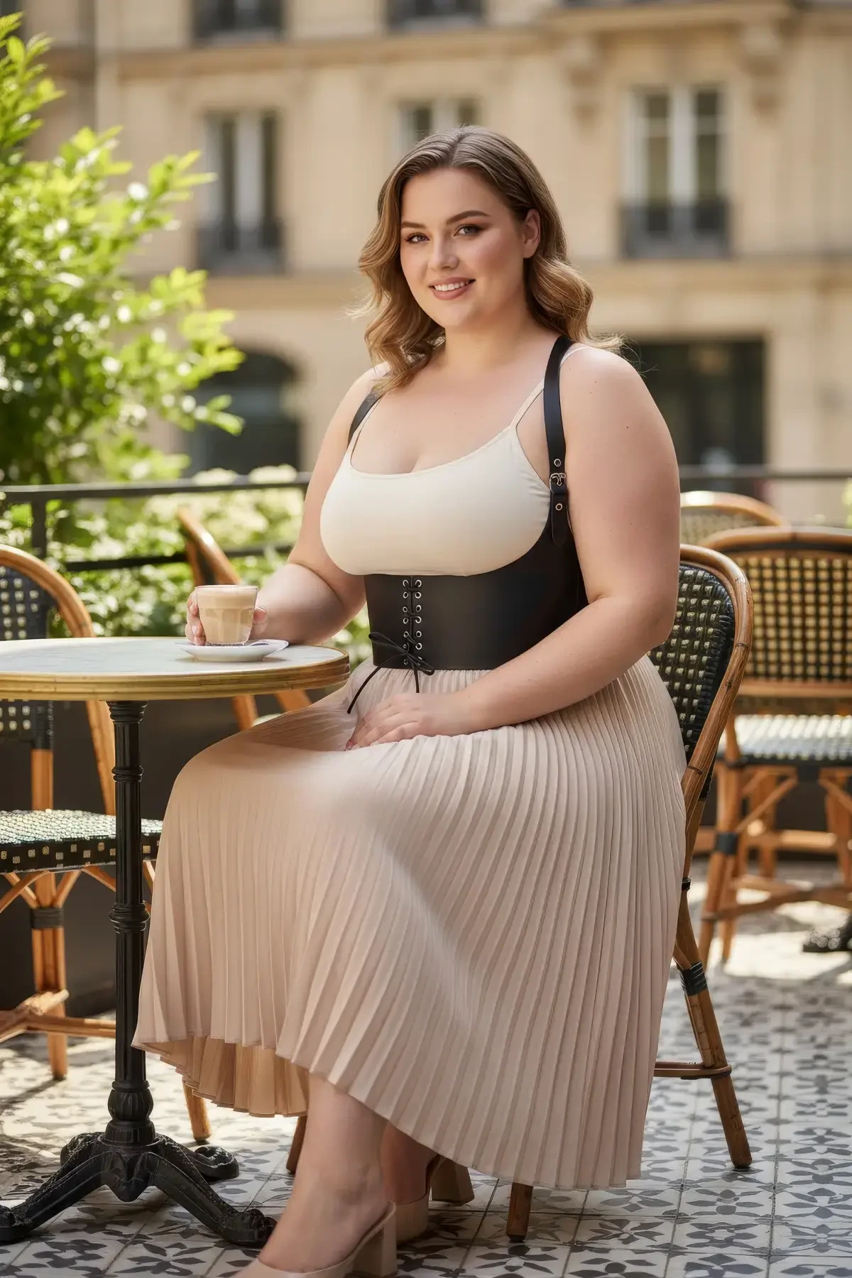 Plus Size Black Women's Belt Shoulder Strap Lace Up Corset Detailed - APFT855