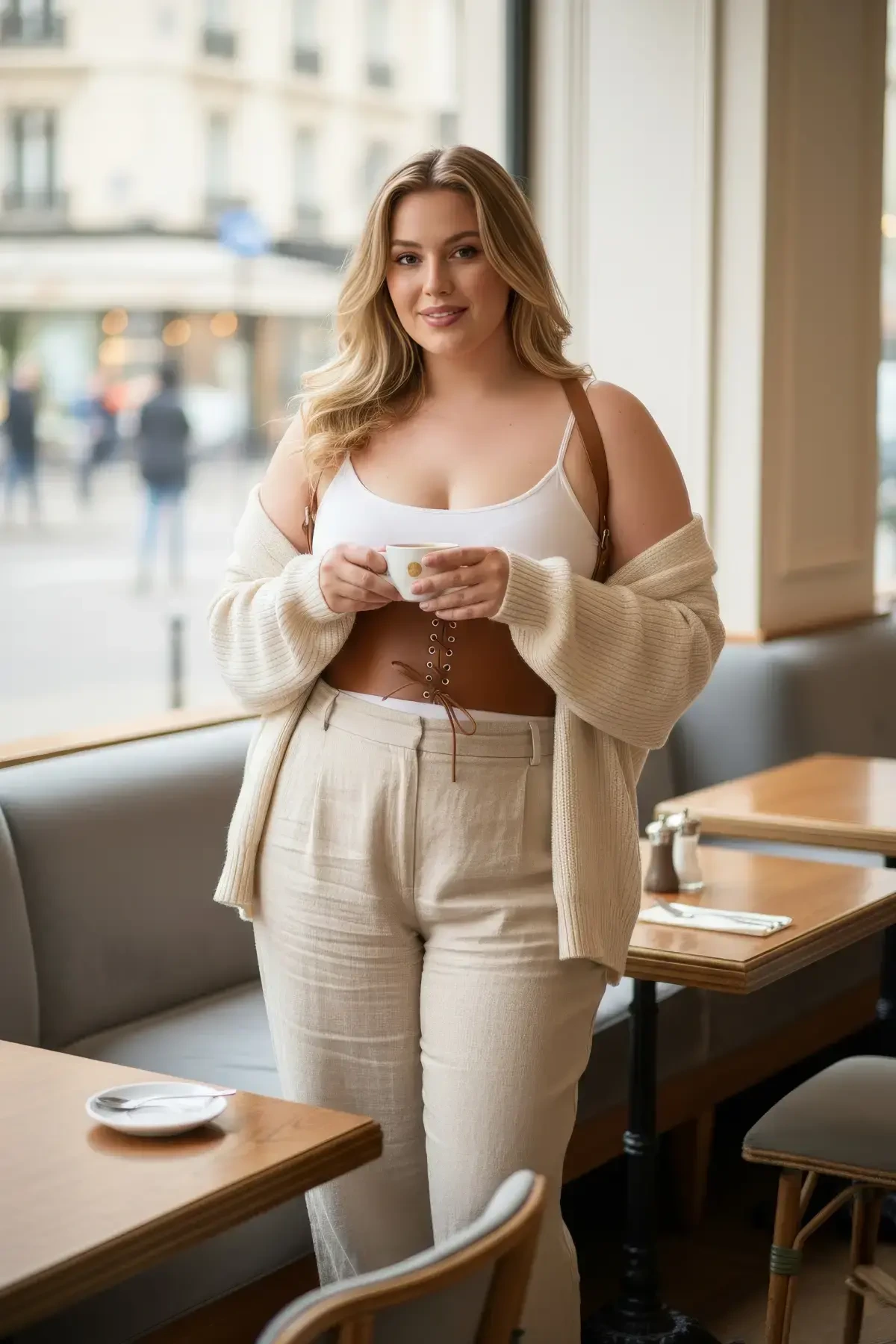 Plus Size Tan Women's Leather Belt Shoulder Strap Lace Up Corset Design - APFT855