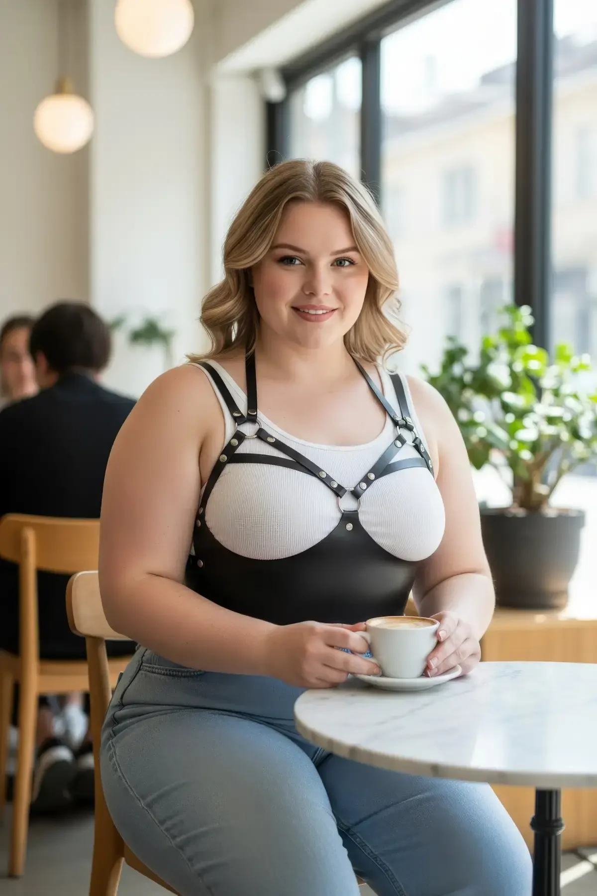 Plus Size Black Women's Belt & Ring Detailed Leather Bra Harness Body Accessory - APFT872