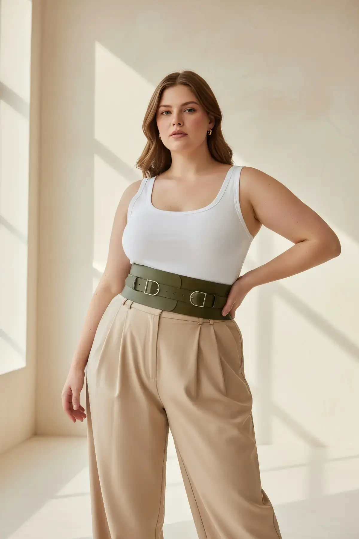 Plus Size Khaki Women's Belt Wide Waist Corsage with Double Buckle Detail - APFT875