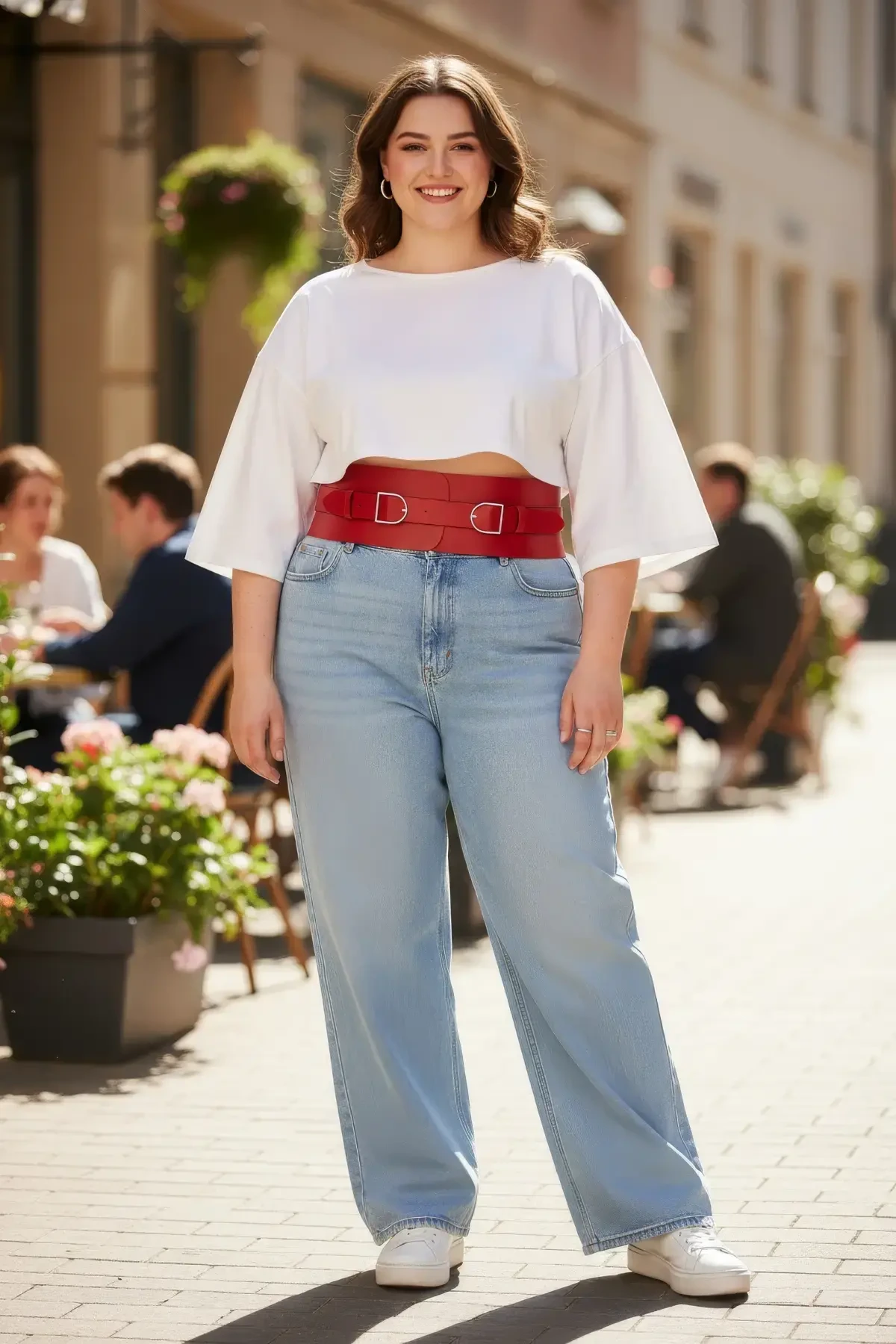 Plus Size Red Women's Belt Wide Corset Look with Double Buckle - APFT875