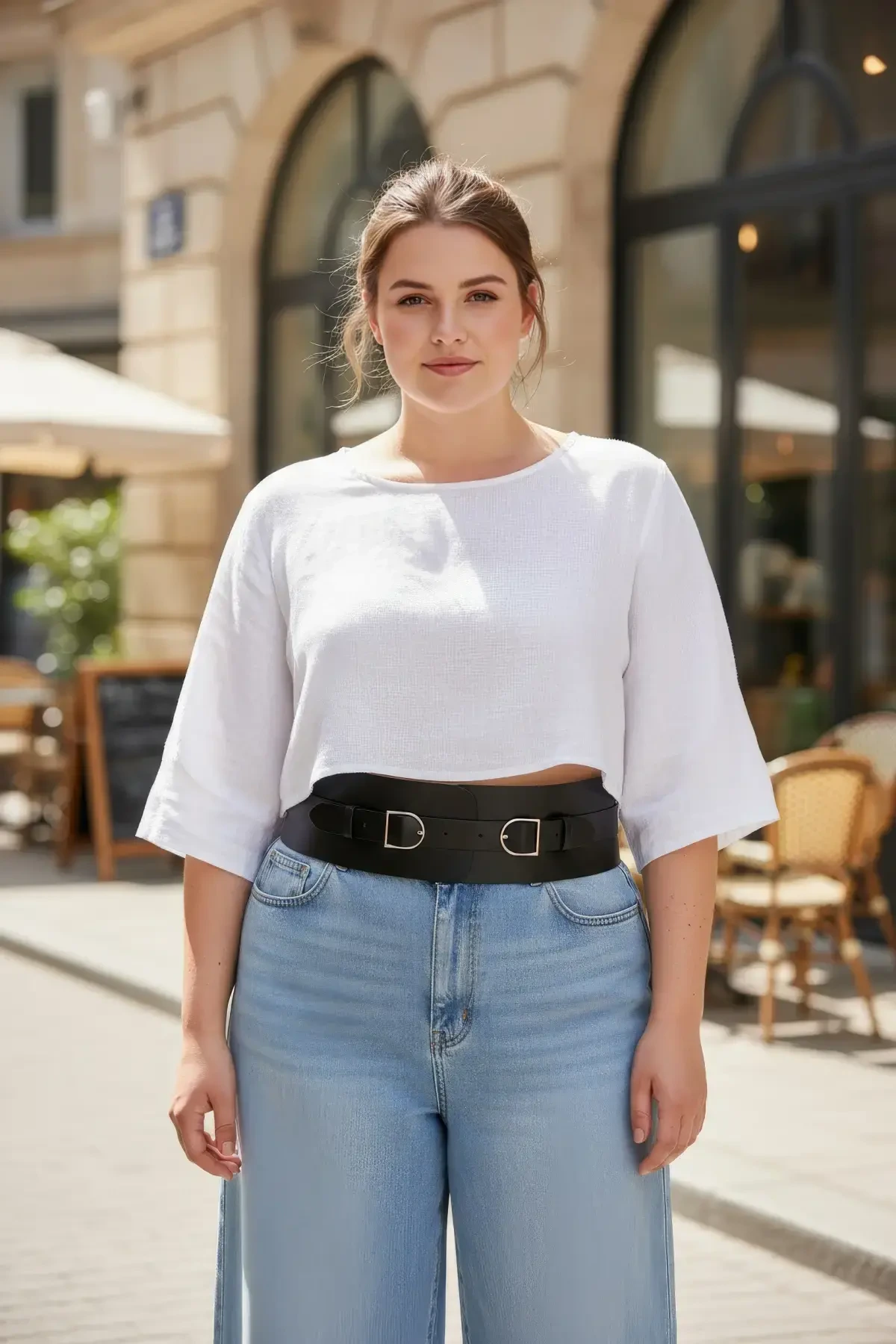 Plus Size Black Women's Belt Wide Corset Model with Double Buckle - APFT875